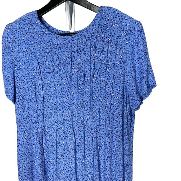 Vintage 90s Blue Micro Floral Short Sleeve Pleated Top Flowy Dress Large - Picture 2 of 7
